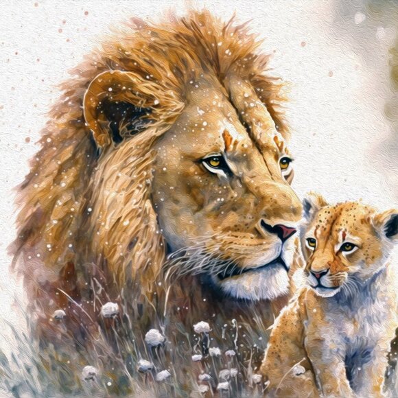Lion With Cub Gorgeous Fantasy‎ Art Oil Painting Print - Picture 2 of 5